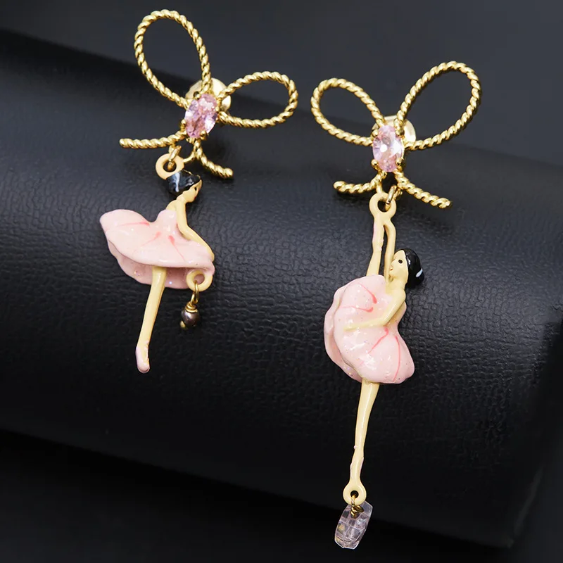 

French Fashion Colored Glaze Bow Pink Ballet Dancing Girl Asymmetrical Ear Clip High Sense Earrings for Women Fairy Style Star