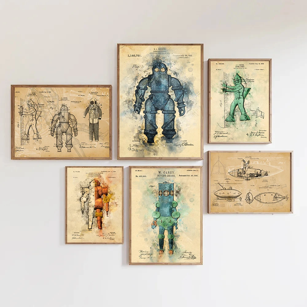 Traje de buceo clásico, dibujos vintage de robots, carteles de diseño, impresiones para oficina, pintura en lienzo, imágenes artísticas de pared, decoración para el hogar, decoración para habitación de niños