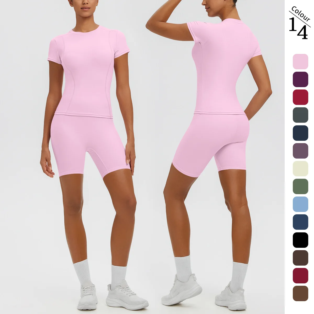 Hamidou Summer Breathable Solid Color Yoga Suit for Women's Short Sleeve Running Shirts Quick-Dry Peach Buttocks Yoga Shorts Set