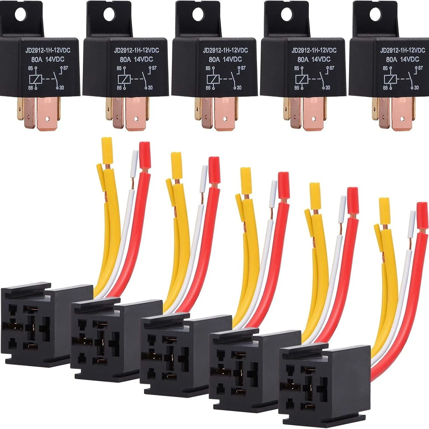 

5PCS 80A 4 5 Pin Auto Car Relay DC 12V with 5 Wire Socket with 3 Copper Terminals & 2 Brass Terminals Automobile Control Device