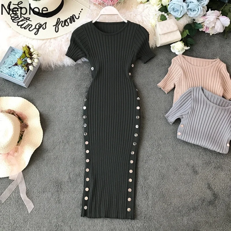 Neploe Knitted Short Sleeve Dress Women Solid O-Neck Vintage Elegant Mujer Vestidos Fashion Double Breasted Bodycon Dresses