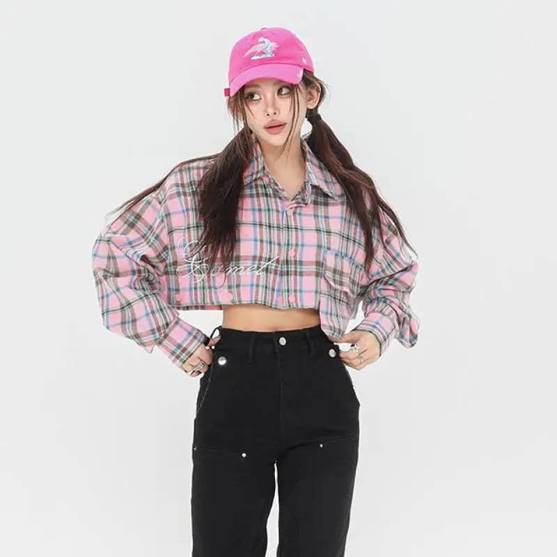 Tawaaiw Pink Plaid Women Shirt Long Sleeve Spring Autumn Tops Korean Fashion Couple Single Breasted Removable Blouse Loose Y2k