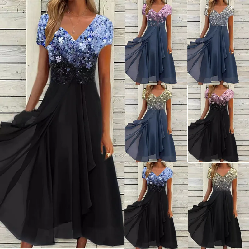 Elegant Color Block Cocktail Swing Dress Summer Printed Party Midi Dresses Women V Neck Short Sleeve Evening Gown