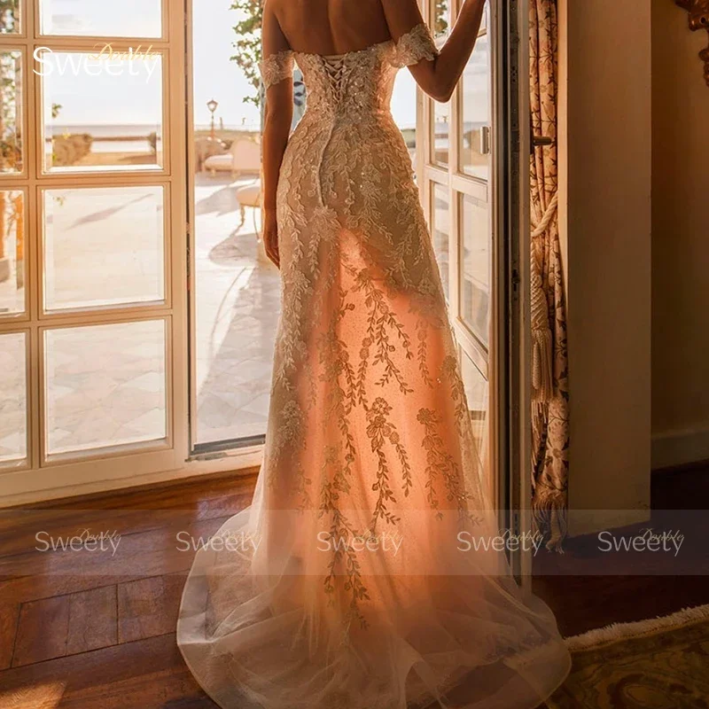 Abito da sposa con strascico staccabile a sirena in organza con ricamo abito da ballo con scollo a barca senza maniche con lacci Robe De Mariee personalizzato
