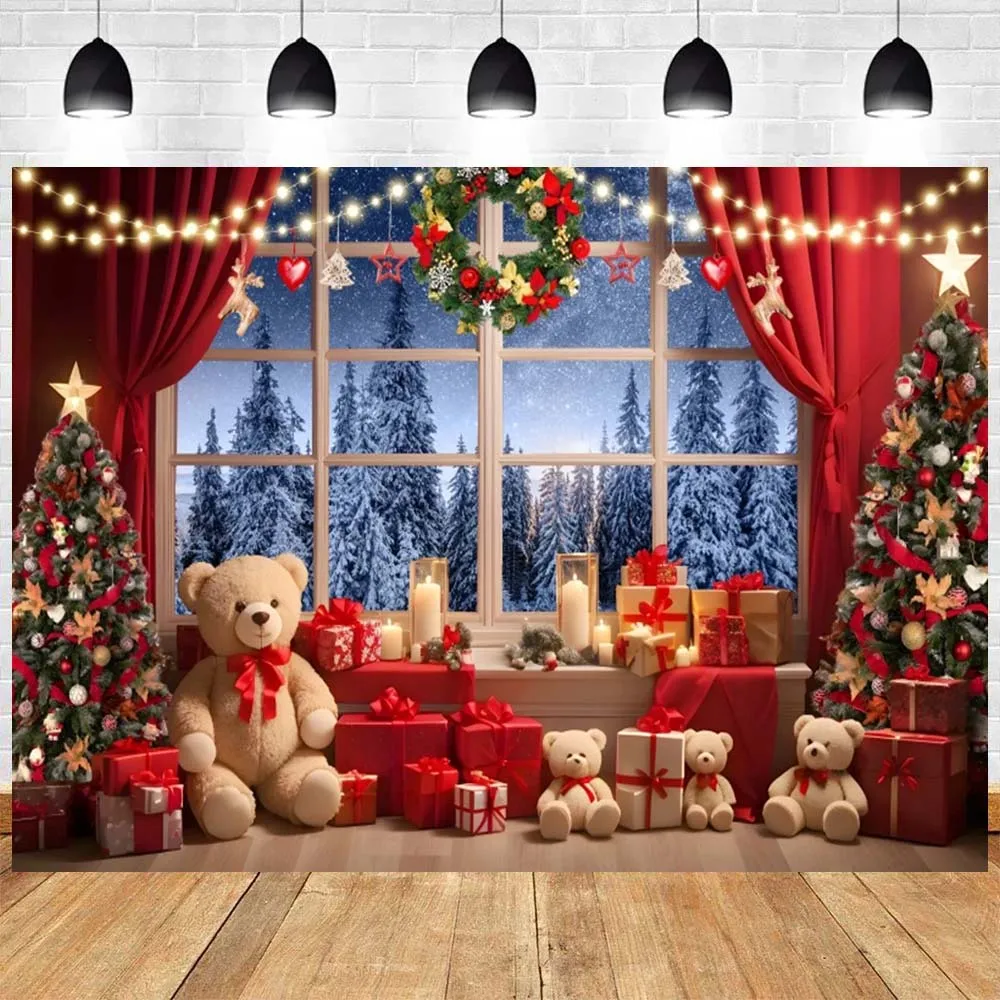

Christmas Party Decor Backdrop Windows Bears Gifts Red Curtain Starry Sky Kids Family Photography Baby Photocall Xmas Background