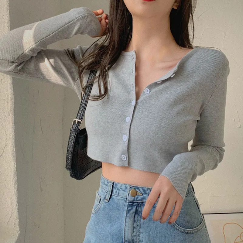 Long Sleeve Casual T shirt Women\'s Knitted Cropped Button Cardigans Sexy Solid Color Autumn Thin Female T-shirt Crop Trendy