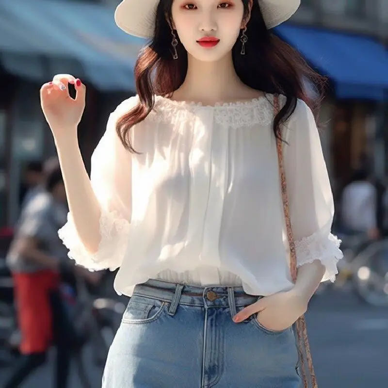 Women Summer Fashion Loose Lace Solid Color Patchwork Slash Neck 3/4 Sleeve Chiffon Shirts Ladies Casual All-match Trend Top Tee