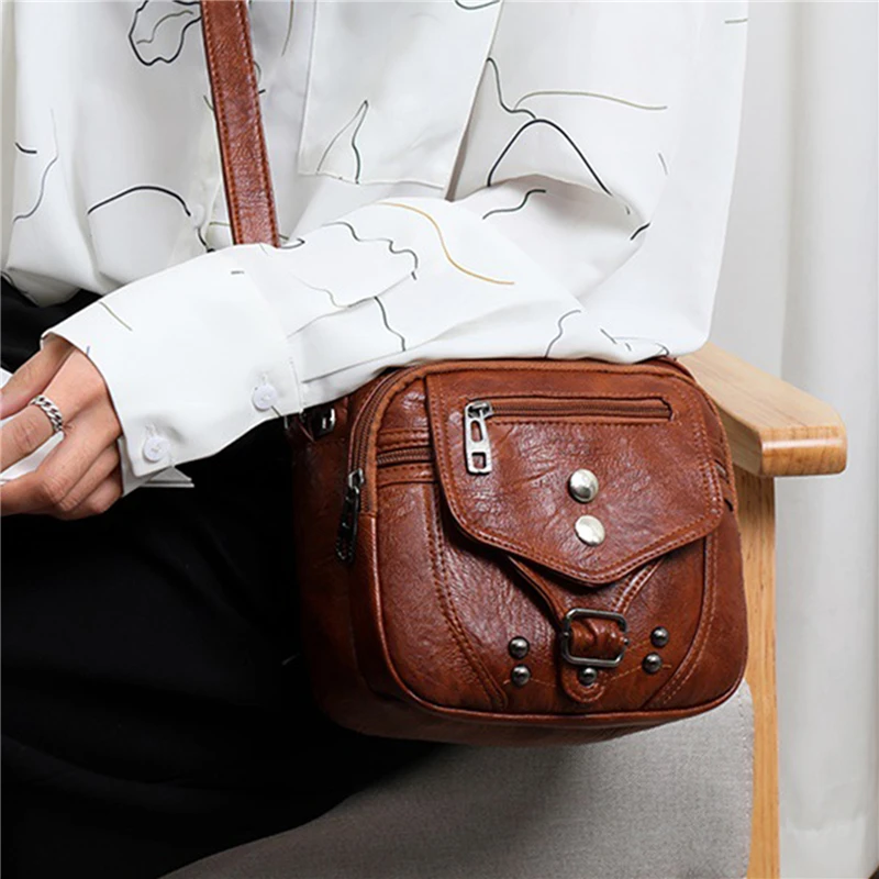 2024 Retro Women\'s Bag New Fashion Women\'s Messenger Bag Fashion Soft Leather Shoulder Bag Washed Leather Small Square Bag