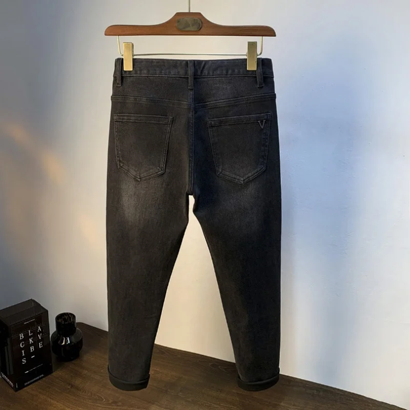 Jeans preto de alta qualidade masculino, slim fit na moda, calça jeans skinny, casual e elegante, primavera e outono, 2024