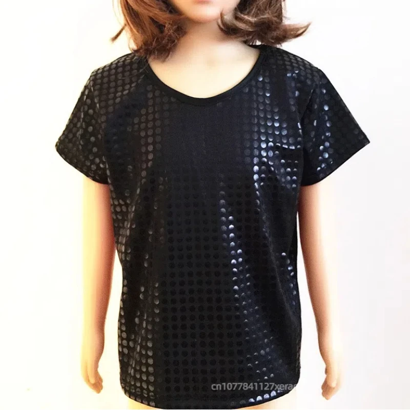 Детские костюмы для джазовых танцев, свободные футболки с короткими рукавами и блестками, костюмы для группового фестиваля, сценических танцевальных выступлений