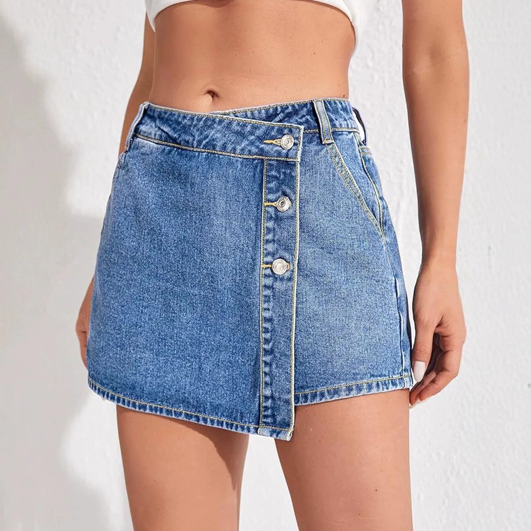 Women High Waist Denim Skort Asymmetrical Button Front Jean Skirt with Pockets Summer Casual Streetwear Denim Skort