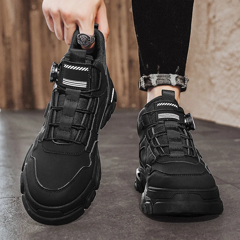 Fashionable rotating button cover men's short boots for autumn and winter  new leather high top casual sports trend men's boots