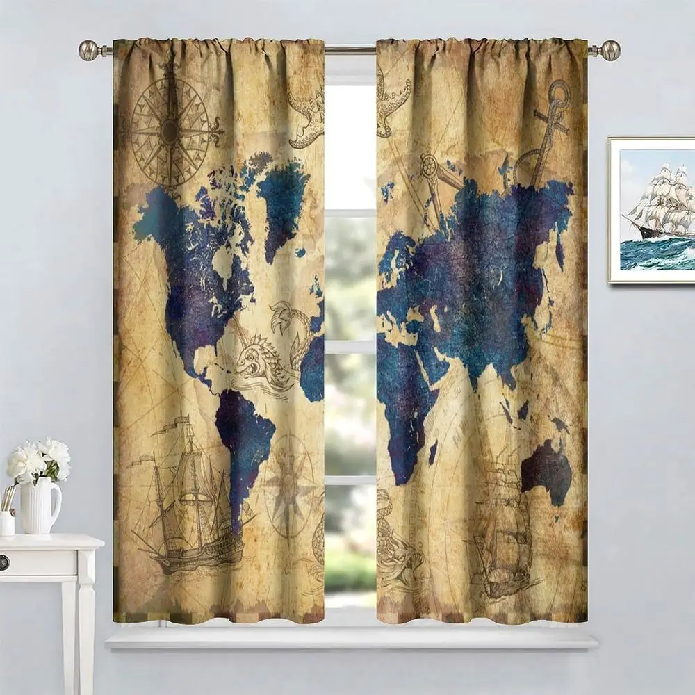 Nautical Map Curtains, Vintage Sailboat Compass Window Treatments for Living Room, Kitchen, and Kids' Rooms, 84x84 inches