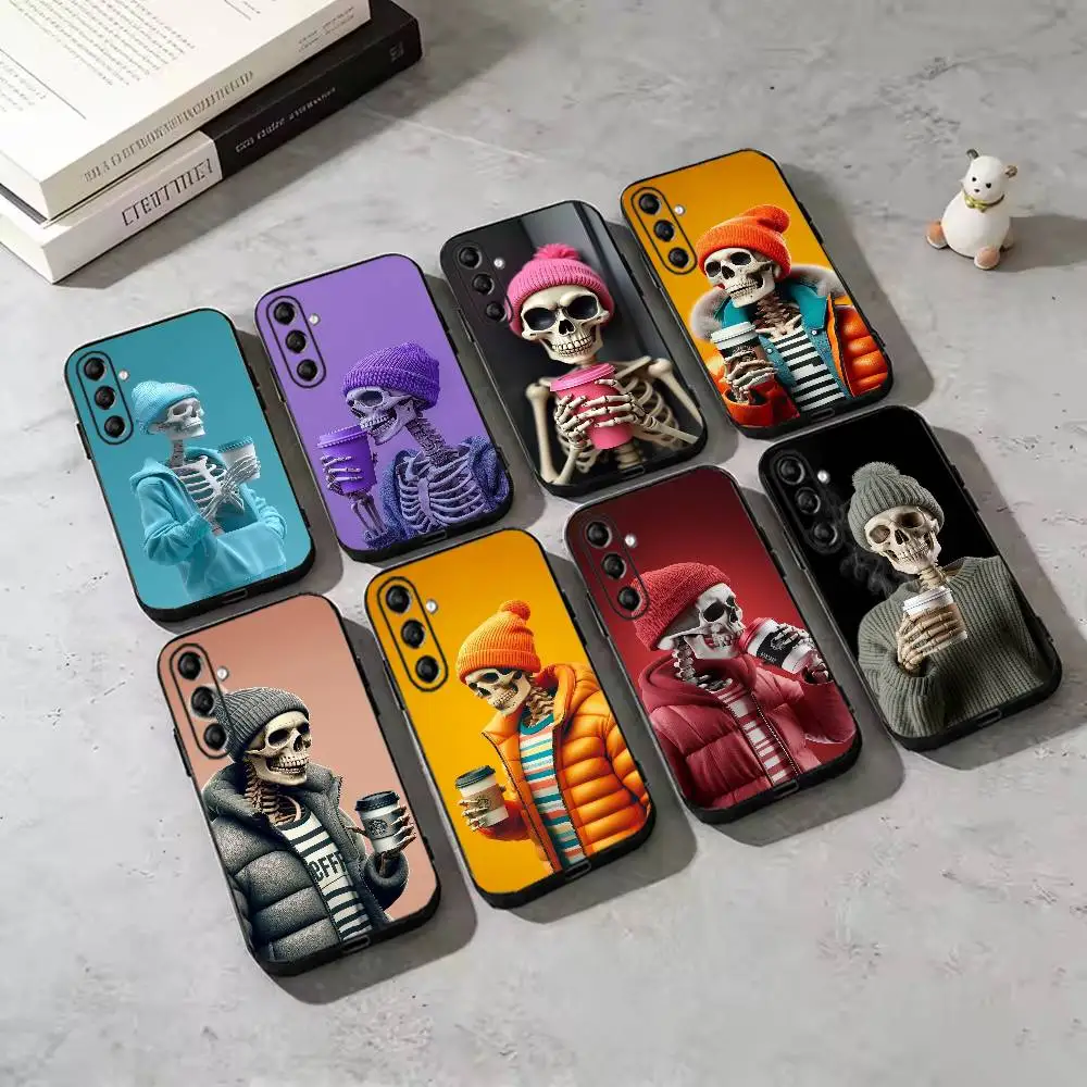 Skeleton Holding Coffee Cup Phone Case For Samsung Galaxy A73,A72,A71,A70,A53,A52,A51,Others Soft Black Cover
