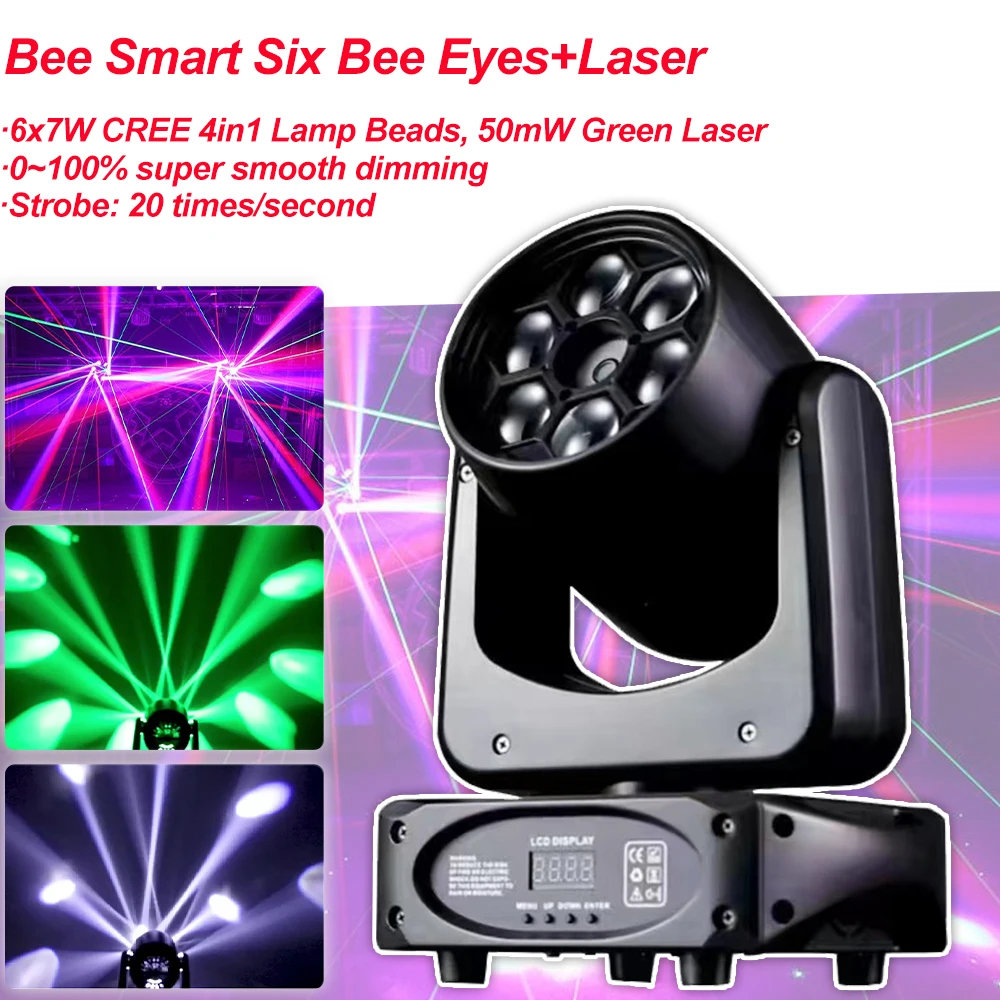 

Светодиодный DJ Smart Six Bee Eyes + лазерная Подвижная головка светильник 90W DMX стробоскопический эффект диско вечерние свадебное сценическое освещение оборудование