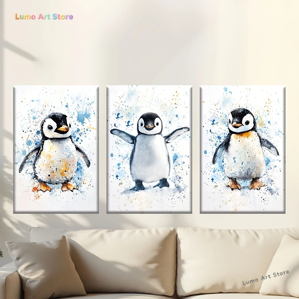 3pcs/set, Canvas painting--Unframed, Cute watercolor penguin, Artist's drawing, library, office, living room, bar, abstract a