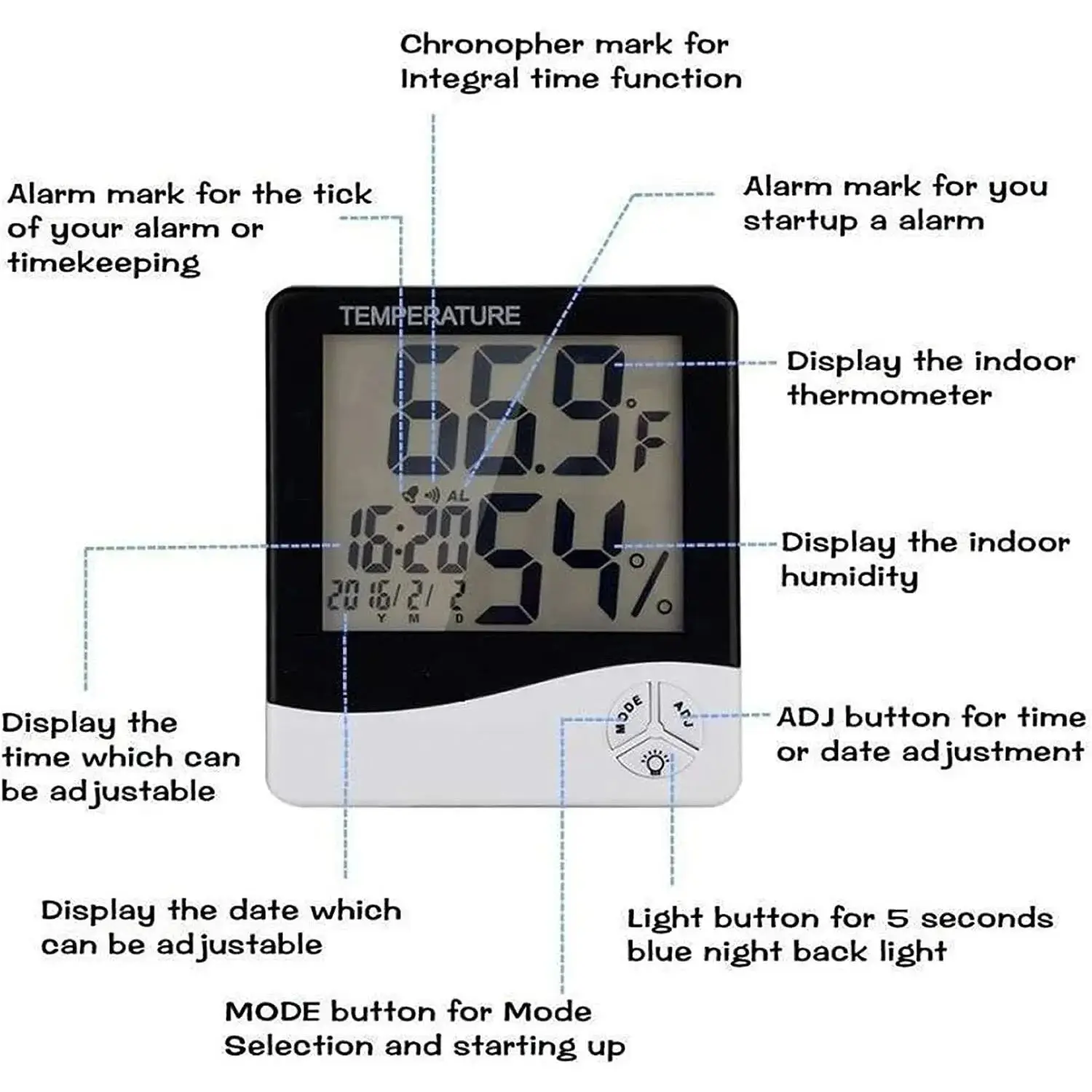 HTC-1 LCD Electronic Digital Temperature Humidity Meter Thermometer Hygrometer Indoor Outdoor Weather Station Clock