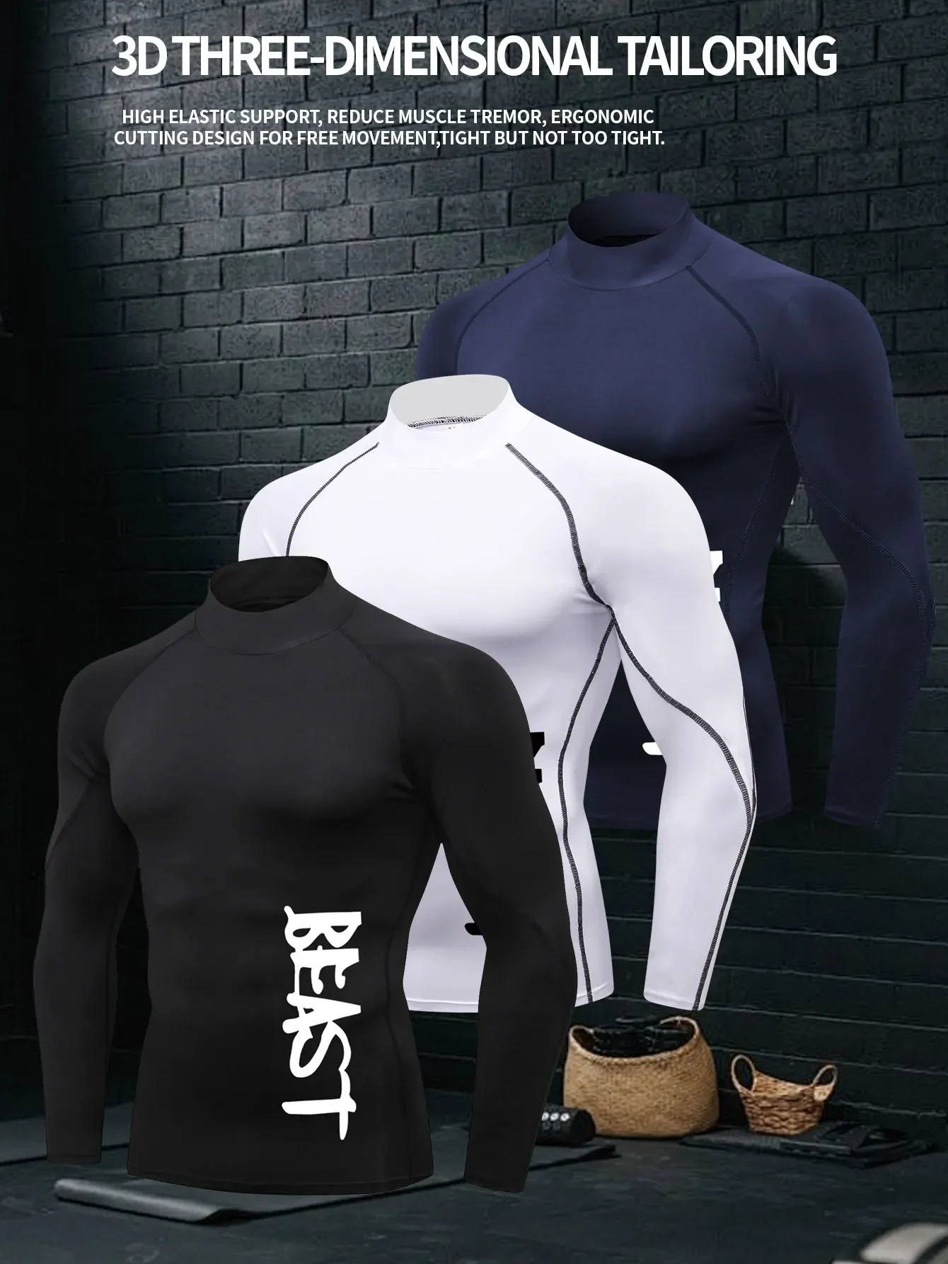

3-piece men's sports compression top, quick-drying sports T-shirt, training and fitness, moisture-wicking and sweat-wicking