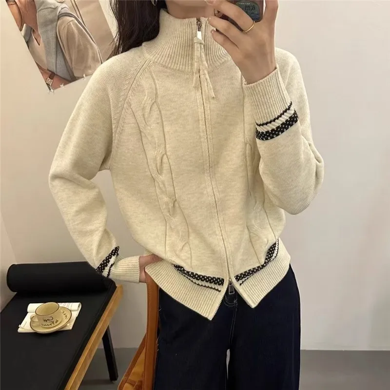 

Женский вязаный свитер Jaet, повседневная двойная молния, воротник-стойка, длинный топ све, модная универсальная осенне-зимняя верхняя одежда