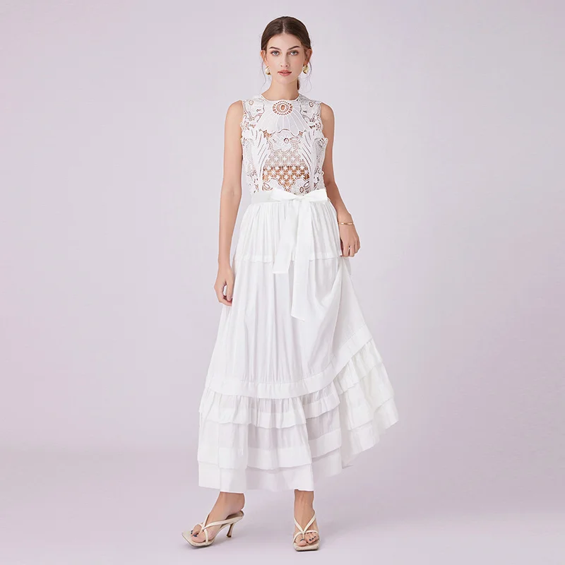 Elegant Summer Embroidery Lace Holllow Out Patchwork Chiffon Dress For Women O Neck Sleeveless Lace Up Belt Holiday Party Robe