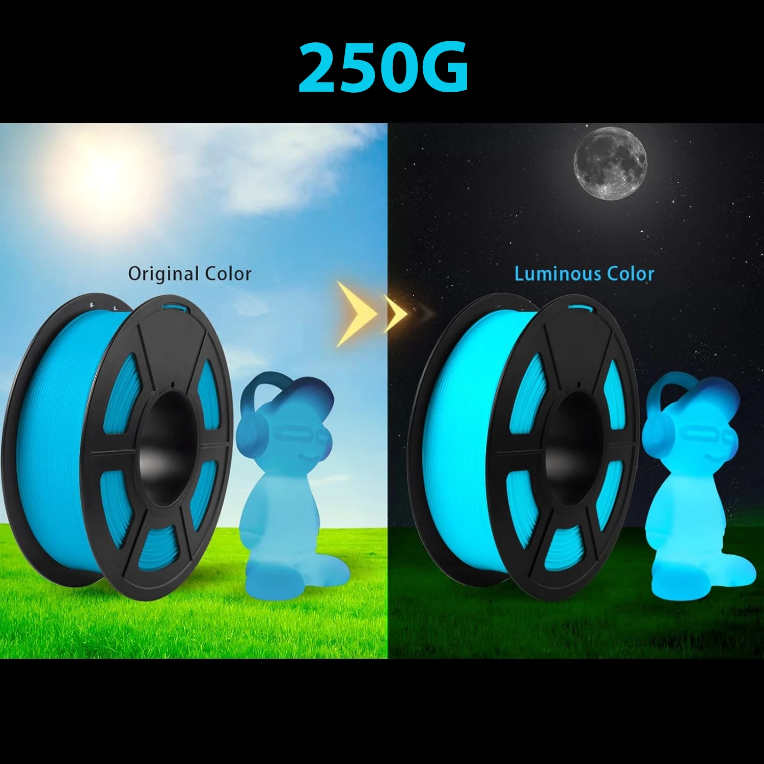 

250g 500g 1Kg PLA Luminous blue 3D Printer Filament 3D Printing Glow in The Dark PLA blue to Luminous blue Filament 1.75mm