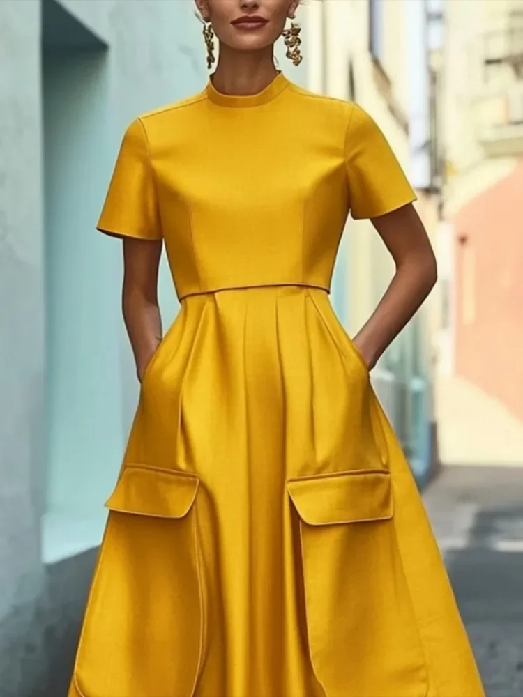 Vestido de verano plisado amarillo elegante para mujer, novedad de 20225, Vestidos femeninos con bolsillos a la moda, bata informal de cintura alta para mujer