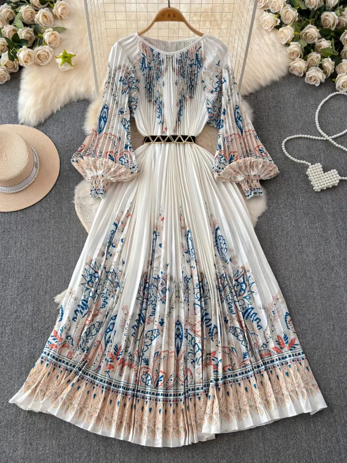 

French High end Palace Style Print Dress For Women Autumn/Winter Lantern Sleeves Design Niche Super Fairycore Casual Long Skirt