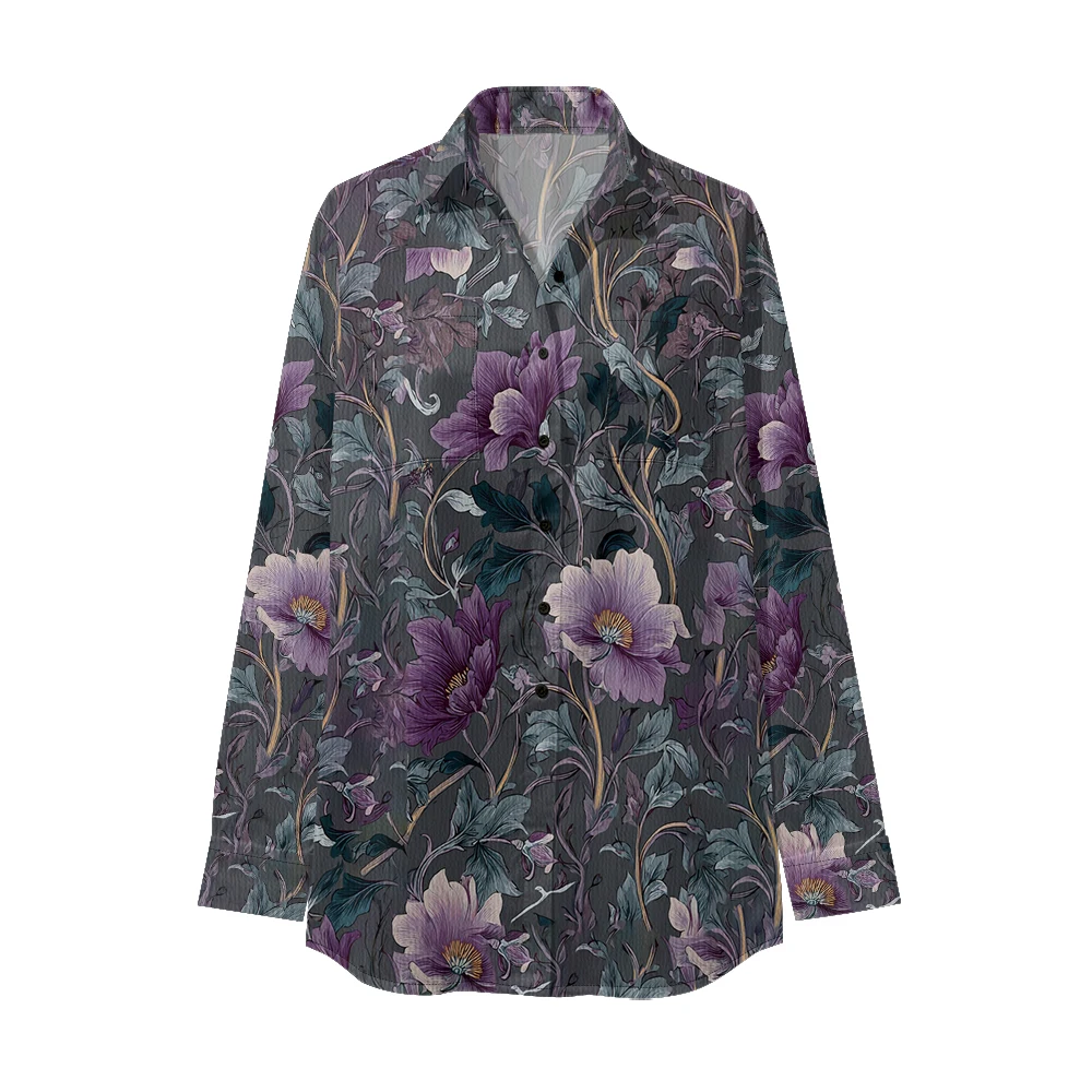 Chic Black Floral Printed Shirt for Women Minimalist Long Sleeve Button Up All-Over Black Blossom Print Two Pockets Relaxed Fit