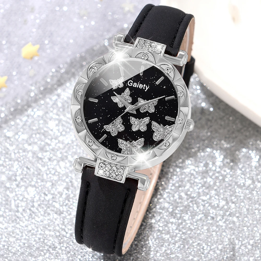 6PCS/Set Black Women Watch Luxury Rhinestone Quartz Wristwatch Butterfly Element Dial Watch Butterfly Jewelry Set Gift For Girls