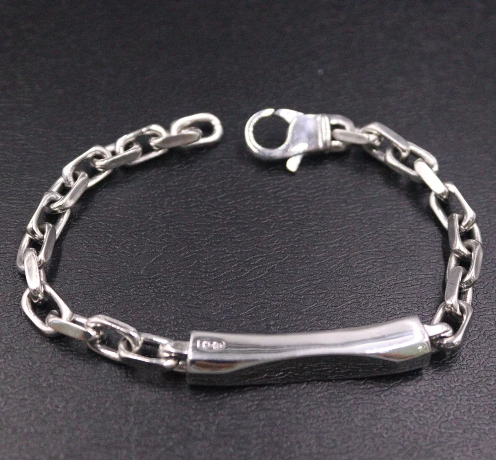 

Real Solid 925 Sterling Silver Chain Men Lucky Square Rolo Link ID Bracelet 32-33g/20cm