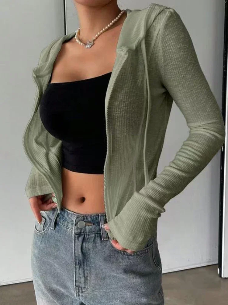 Modny sweter dziergany na jesień i zimę, dopasowany sportowy pulower, bluza z kapturem, krótka kurtka z kapturem na zamek błyskawiczny.