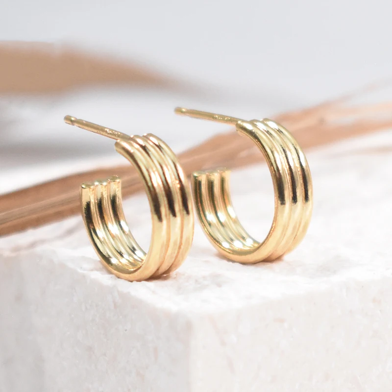 14K Gold Filled 12mm Triple Gold-Filled Post Hoop Earrings Endless Layered Hoop Post Wires Earring Hook Component for Jewelry - view 2