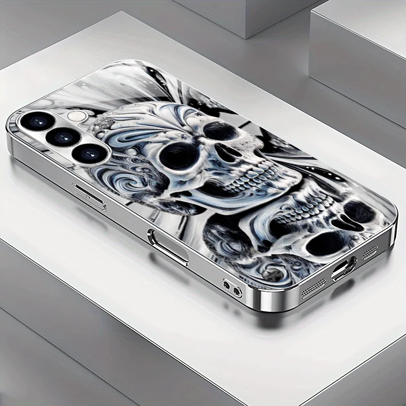 Glamorous Black White Swirl Skull Glass phone case for Samsung Galaxy S26 S25 S24 S23 S22 S21 Ultra FE Plus Light Hard Cover