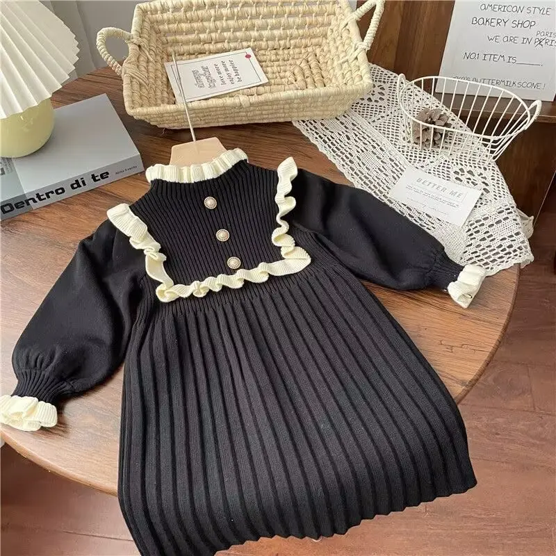 New Year Red Girl Knitting Wool Long Sleeve Princess Dress Autumn Winter New Warm Sweater Dress Kid Christmas Casual Clothes