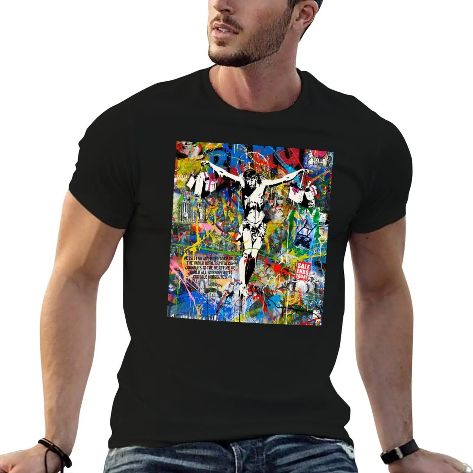 Banksy Shopping Jesus Pop Street Art Mashup T-Shirt Basic Daily Outfit Short Sleeve Tee