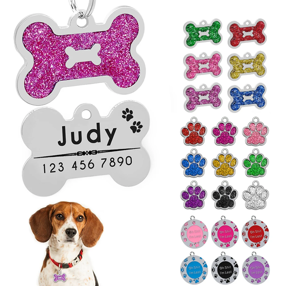 Dog Cat ID Tag Glitter Dogs Cats Name Pendant Tags Personalized Pet Collar Accessories Anti-lost Bone&Paw Tags for Small Dog Cat