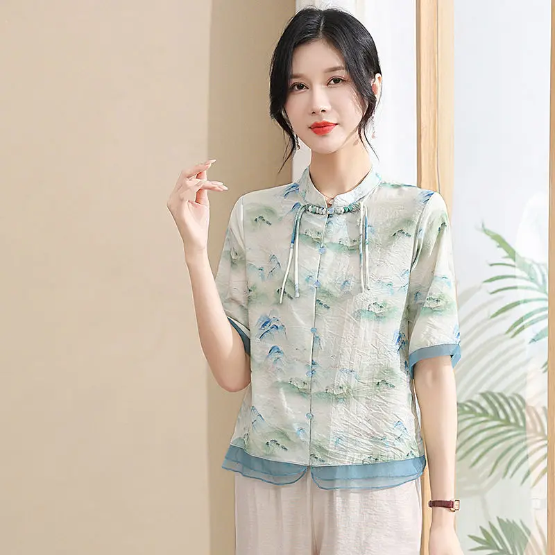 

Women's New Style Spliced round Neck Button Lace-up Print Fashionable Loose Versatile Casual Short-sleeved Top