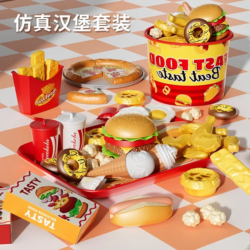 Set Simulation Make Hamburger Pizza Fries Pretend Play Food Cooking Cutting Game Montessori Interactive Kid Kitchen Toy Gift