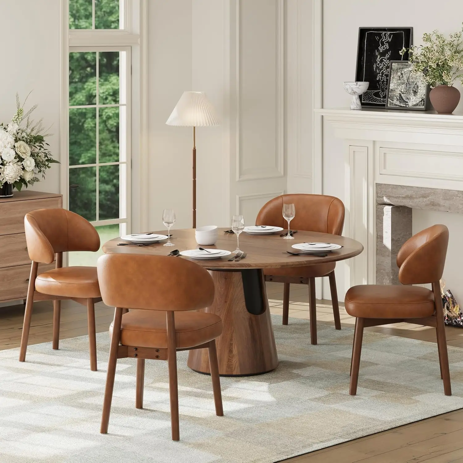 Wooden Dining Chairs Set of 4, Modern Upholstered Dining Room Chair, PU Leather Kitchen Side Chairs with Curved Open Back for Living Room/Restaurant/Cafe, Brown