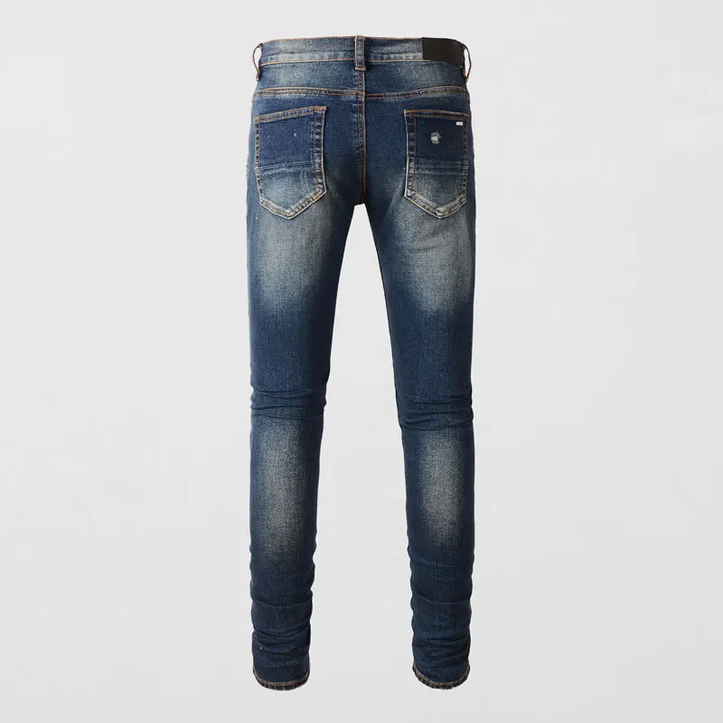 Latest designer fashion new men's jeans stretch slim fit retro blue jeans with hole patch high street hip-hop brand high-quality