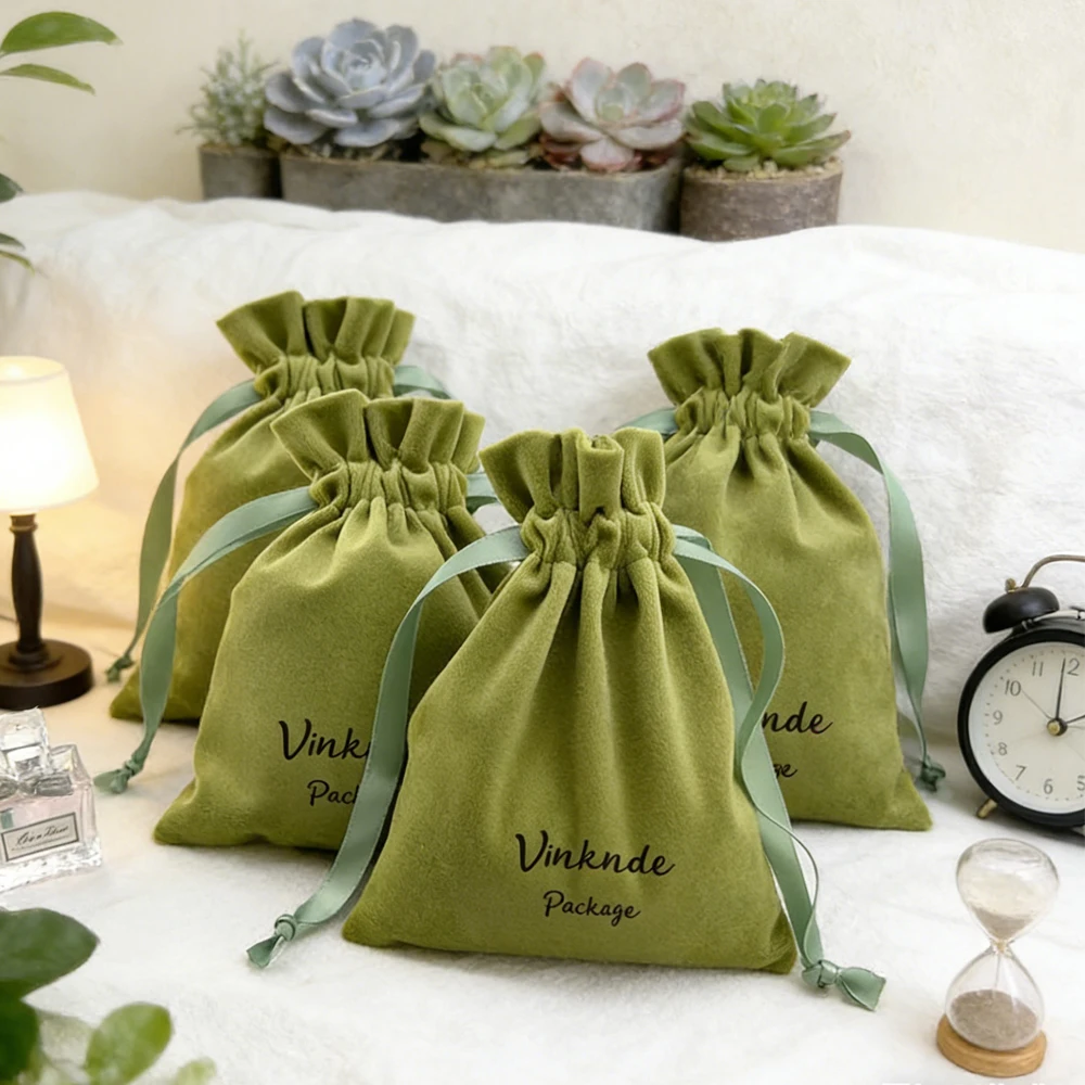 

Personalized Velvet Jewelry Packaging Bags Green Flannel Pouch Ribbon Drawstring Small Necklace Earrings Organizer Gift Dust Bag
