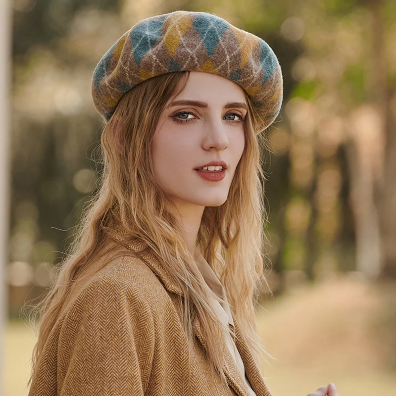 New Arrival Contrast Wool Lady Women Beret Casual Autumn Winter Warm Plaid Artist Hat French Elegant