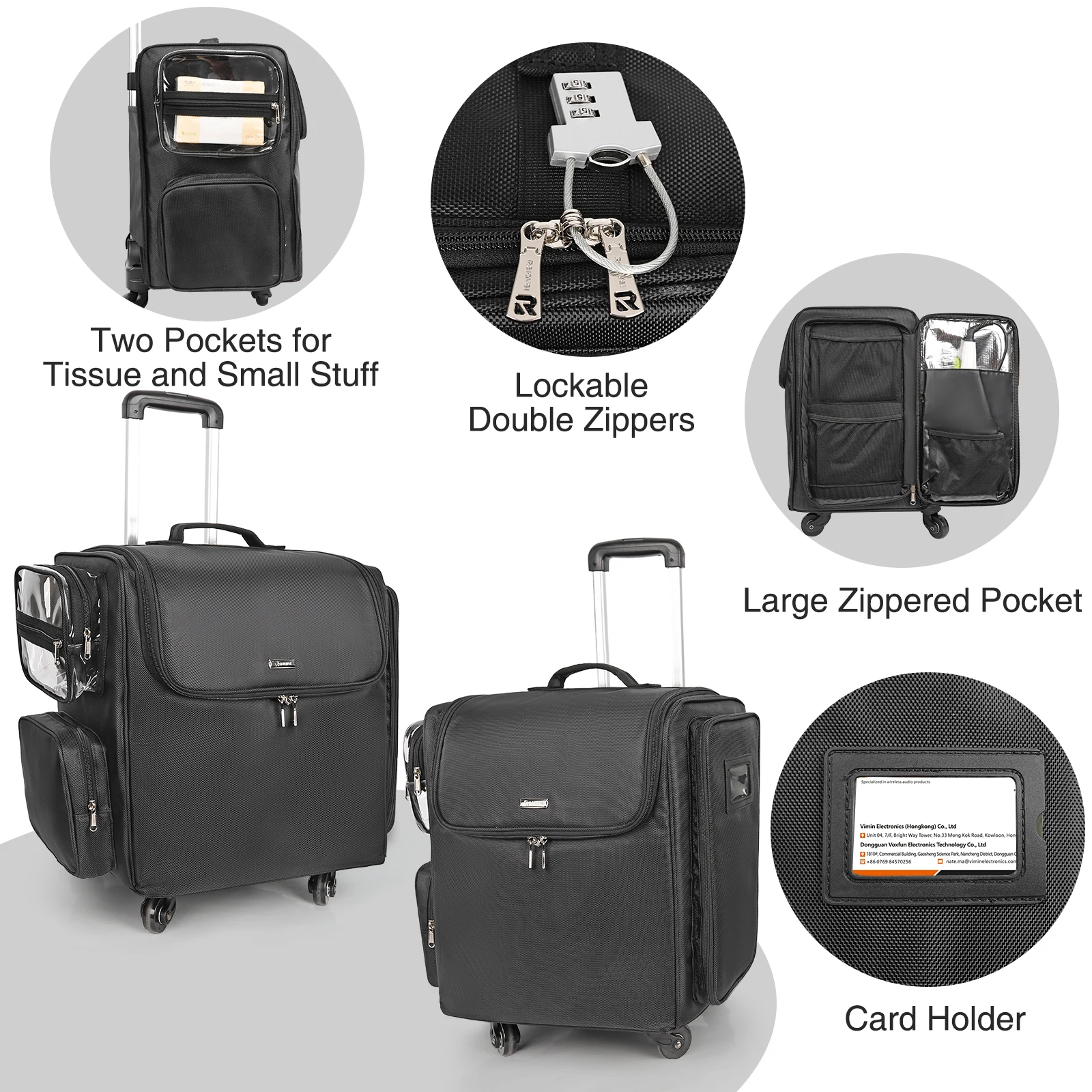 Trolley Plus Size Makeup Case Cross Grains Black Makeup Artist Carry Bag with Adjustable Divider Hairdresser