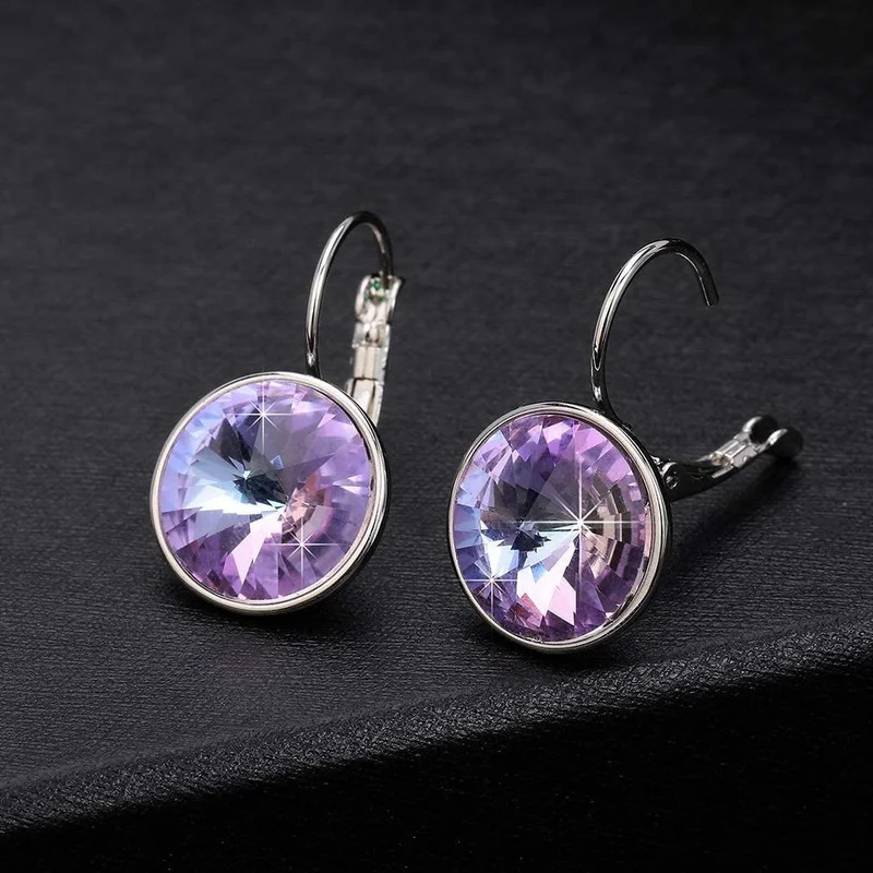 Luxury Crystal Round Drop Earrings for Women Silver Leverback Zircon Hoop Earring Party Wedding Earring Jewelry Pendientes Mujer