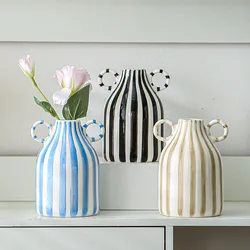 Double Ear Ceramic Vase, Abstract Black and White Striped Hydroponic Vase, Living Room Decoration, Room Aesthetic Decoration