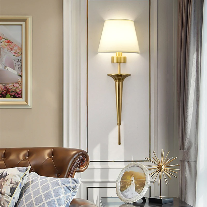 

Nordic Luxury All Copper Wall Lamp Modern Simple Fabric LED Sconce Living Room Bedside Restaurant Decoration Creative Wall Light