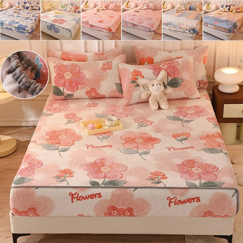 

1PC Snowflake Velvet Soft Warm Plush Fitted Sheet for Winter Flower Printed Thicken Fitted Sheet Soft and Comfortable in Winter