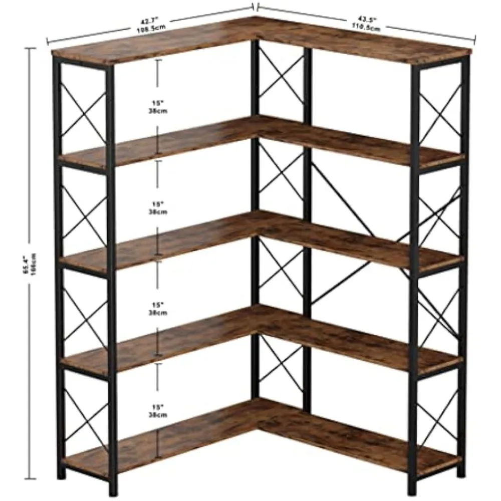 5-level corner bookshelf storage shelf, metal frame, for living room home office 42.7