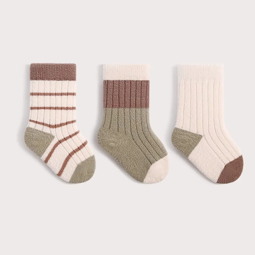 3Pair Cute Cartoon Striped Baby Socks Soft Thickened Toddler Thermal Footwear Keep Warm Newborn Boy Socks Winter