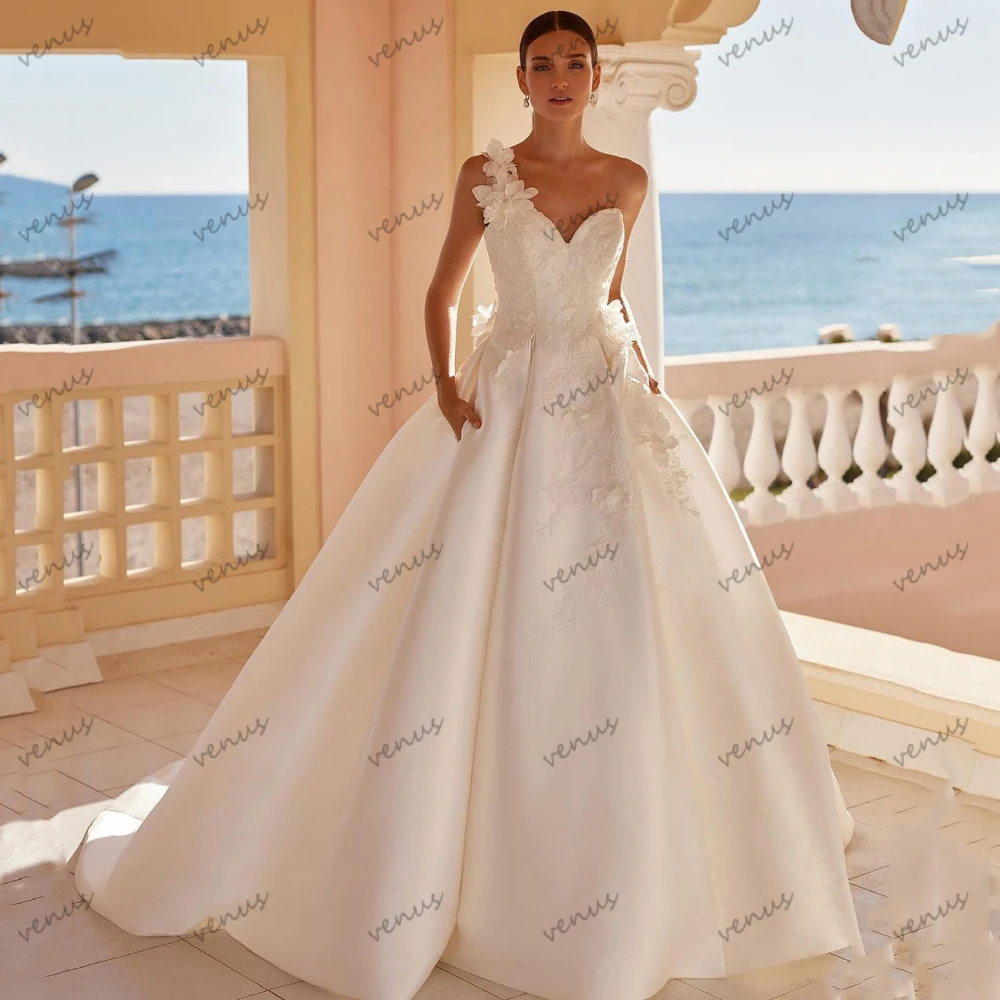 Lindo vestidos de casamento princesa vestidos de noiva bordado a linha até o chão robes um ombro vestidos de novia personalizado